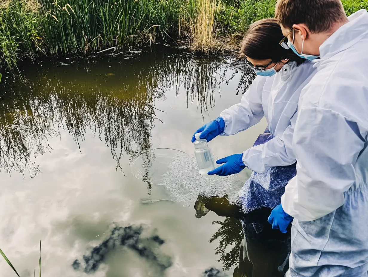 Scientists wearing protective gear testing water quality in a contaminated pond