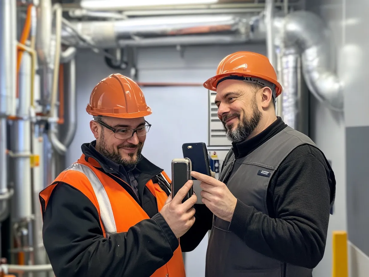 Two technicians in safety helmets photographing industrial equipment in a facility