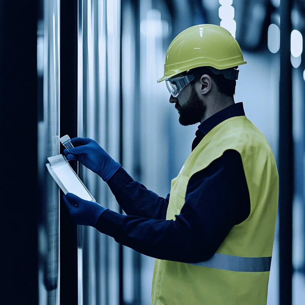 A worker wearing safety gear in an industrial building, representing healthy buildings & safe spaces