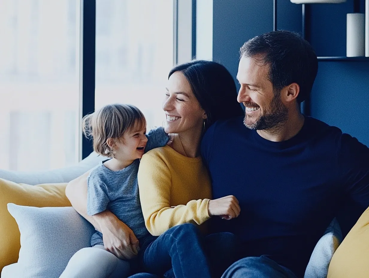 A family in a bright, comfortable living room, representing healthy homes & products