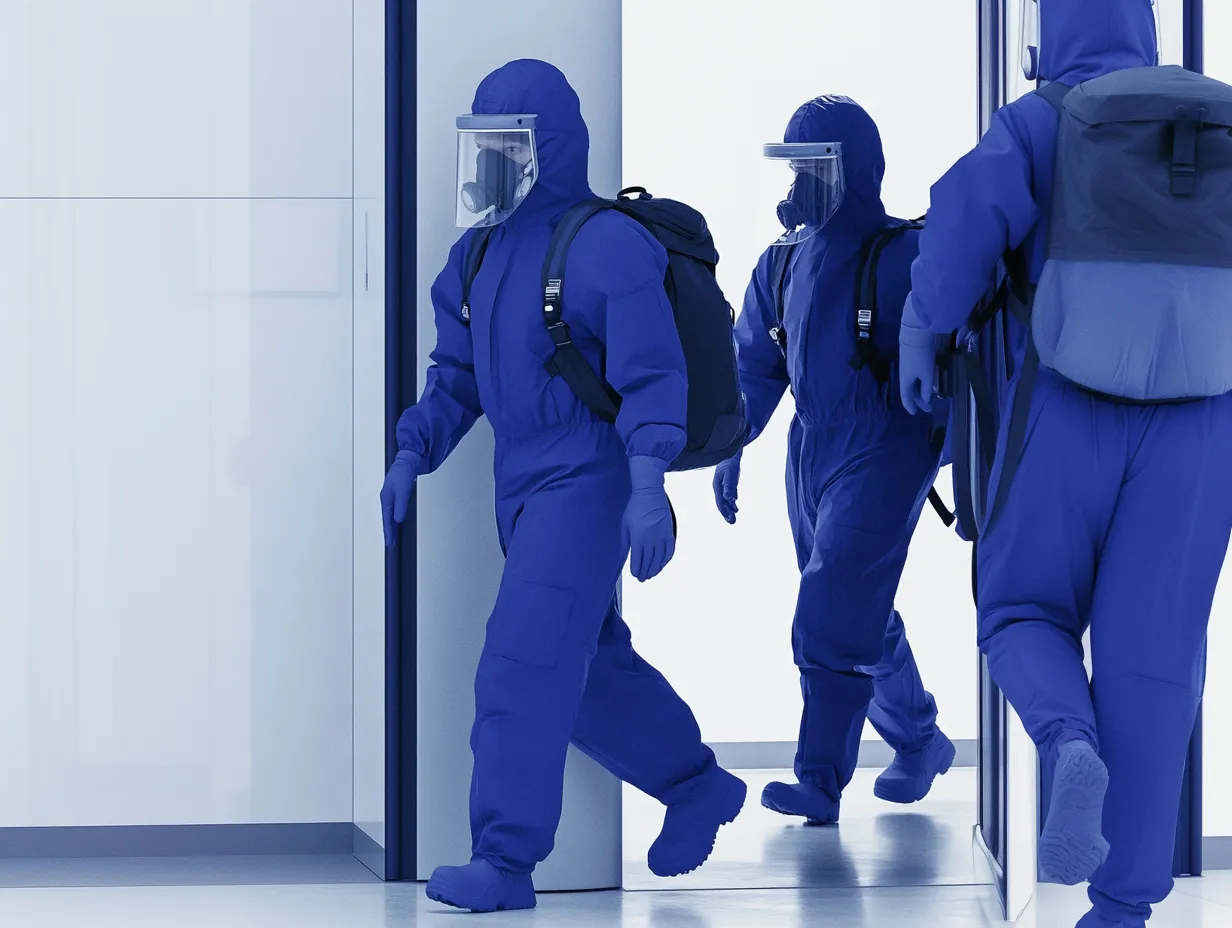 Medical professionals or emergency responders in protective gear, representing public health